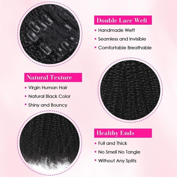 Afro Kinky Curly Clip In Hair Extensions Human Hair 16in Natural Black main image 4